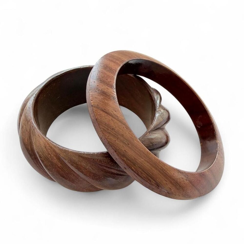 Vintage Boho Hand-Carved Wooden Bangle Stack Set (2pcs)